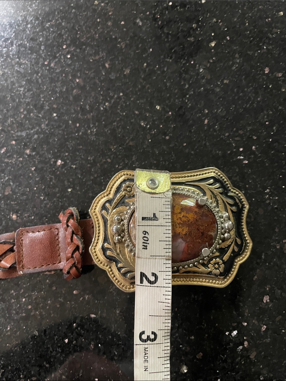 BEAUTIFUL! Vintage Brown Braided Leather Belt with Agate Stone Buckle - Picture 6 of 11